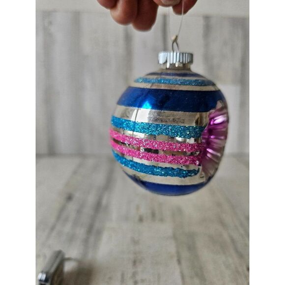 Vintage radko shiny Brite reflector blue striped ball ornament Xmas tree - Picture 5 of 10